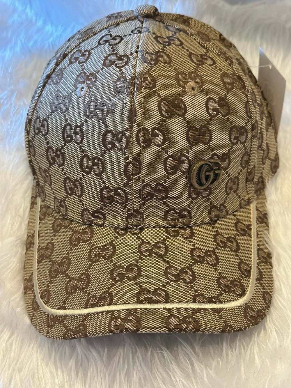 Beige/Brown GG Monogram Baseball Cap with Black Trim